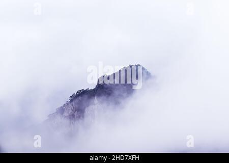 A mountain breaking through dense fog Stock Photo