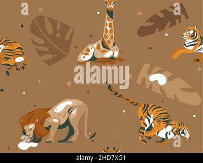 Hand drawn vector abstract cartoon modern graphic African Safari Nature illustrations art collage seamless pattern with giraffe,lion,tigers animals Stock Vector
