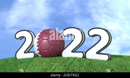 Soccer 2022 illustration. Grass field with blue sky background. 3D image Stock Photo