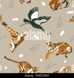 Hand drawn vector abstract modern graphic African Safari Nature ornamental tribal illustrations art collage seamless pattern with tigers,lion,crane Stock Vector
