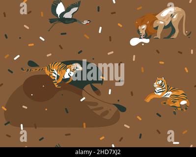Hand drawn vector abstract cartoon modern graphic African Safari Nature illustrations art collage seamless pattern with tigers,lion,crane bird and Stock Vector