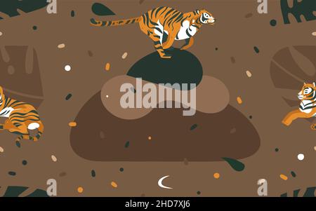 Hand drawn vector abstract cartoon modern graphic African Safari Nature illustrations art collage seamless pattern with tigers animals and tropical Stock Vector
