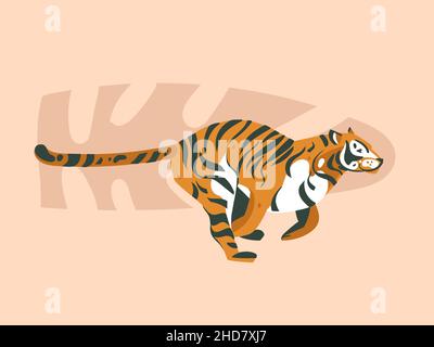 Hand drawn vector abstract cartoon modern graphic African Safari Nature concept collage illustrations art card with tiger animal and tropical palm Stock Vector