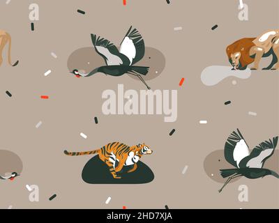 Hand drawn vector abstract cartoon modern graphic African Safari Nature illustrations art collage seamless pattern with tigers,lion,crane bird Stock Vector