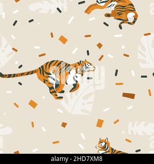 Hand drawn vector abstract cartoon modern graphic African Safari Nature illustrations art collage seamless pattern with tigers isolated on color brown Stock Vector