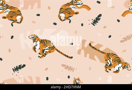Hand drawn vector abstract cartoon modern graphic African Safari Nature illustrations art collage seamless pattern with tigers animals and tropical Stock Vector