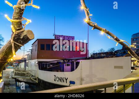 Turku, Finland - December 21, 2021: Closeup View of Ravintolalaiva The Boat, a Permnantly Anchored Ship Used as a Restaurant Known Locally as The Boat Stock Photo