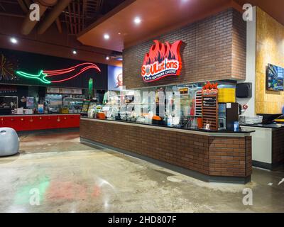 Syracuse, New York - December 30, 2021: Wide View of Solutions Sley's Southern Cuisine Restaurant inside Salt City Market Building. Stock Photo