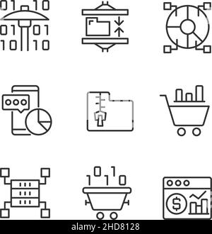 Data mining processes linear pixel perfect icons set Stock Vector