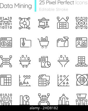 Science data mining linear pixel perfect icons set for dark and light ...