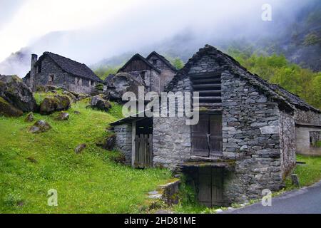 Stone houses an Waterfall Val Bavona, Cevio in Switzerland spring 2021 Stock Photo