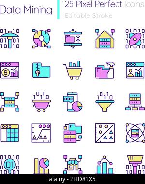 Data mining RGB color pixel perfect icons set Stock Vector