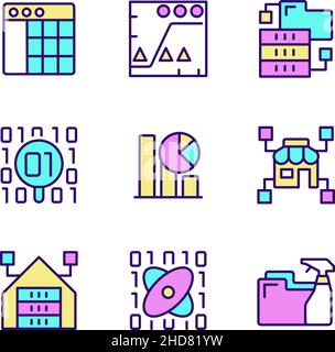 Data mining in industry RGB color pixel perfect icons set Stock Vector