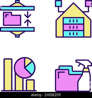 Data mining processes RGB color pixel perfect icons set Stock Vector