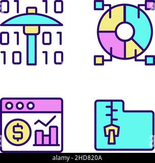 Financial data techniques RGB color pixel perfect icons set Stock Vector