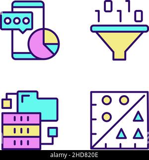 Data mining tools RGB color pixel perfect icons set Stock Vector
