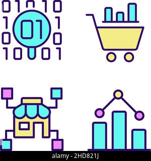 Retail data mining and analytics RGB color pixel perfect icons set Stock Vector