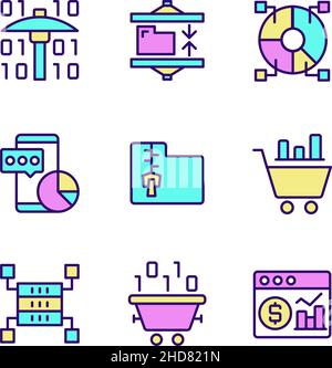 Data mining processes RGB color pixel perfect icons set Stock Vector