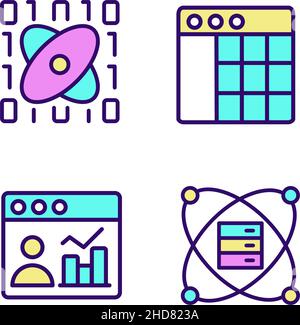 Science data mining RGB color pixel perfect icons set Stock Vector