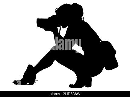 Black silhouettes of a lady or woman photographer, girl taking photos while sitting down, professional Stock Vector