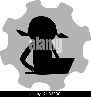 Girl Sitting on An Office Chair and working on laptop, office work, Work from home, coding, black silhouette, logo, cartoon style Stock Vector