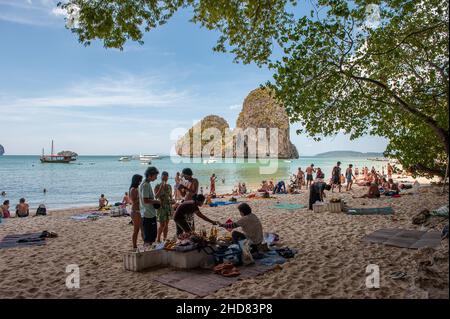 Prah Nang Beach on Railay Beach peninsula is one of the most beautiful beaches in Thailand. Stock Photo