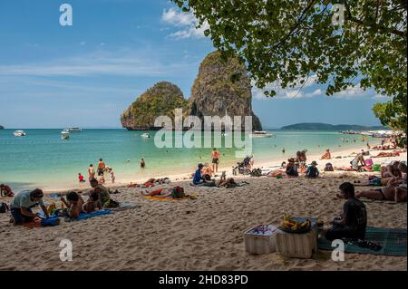 Prah Nang Beach on Railay Beach peninsula is one of the most beautiful beaches in Thailand. Stock Photo