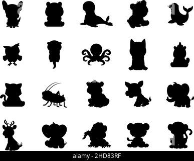 Black cartoon Silhouettes set of animals in Cartoon style, Logos and icons for animal brands Stock Vector