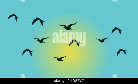 Birds silhouettes in blue sky with sunlight, Set of flying birds Stock Vector