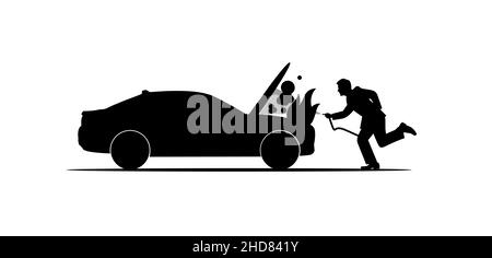 Black silhouette of a car accident, Fire in a car engine with a man extinguishing fire isolated on white background Stock Vector
