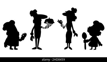 Chefs silhouettes icons, holding dishes, chef cap and uniform, Cartoon style vector illustration Stock Vector