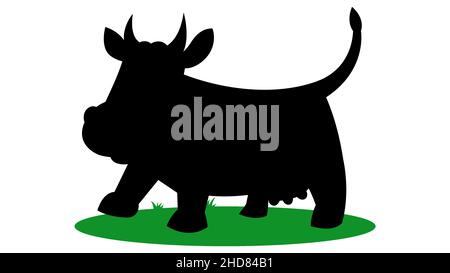 Vector illustration of a black silhouette cow. Isolated white background. Icon cow side view profile. Cartoon style on green grass Stock Vector