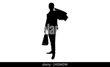 Black silhouette of a man holding shopping bags after a huge sale Stock Vector