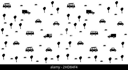 Illustration of a town in a cartoon style for Wallpaper, fabric, and textile design. Vector, Cute children's seamless pattern with cars, roads, houses Stock Vector