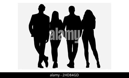 Black silhouettes of four people, Employees or Businessmen, and women, group of people at work. Isolated vector silhouettes Stock Vector