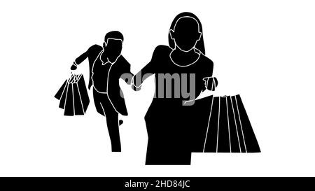 Man and woman running for shopping carrying shopping bags in hands black silhouette Stock Vector