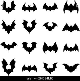 Set of Silhouettes of Bats, Bats different icon and logos in different postures Stock Vector