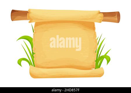 Parchment scroll on bamboo stick with grass in cartoon style isolated on white background. Game asset, design element. Ancient, medieval paper. Vector illustration Stock Vector