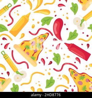 Seamless pattern with fast food and splashes of mustard and ketchup in plastic bottles for sauces in a flat style isolated on a white background. Vect Stock Vector