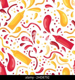 Seamless pattern with fast food and splashes of mustard and ketchup in plastic bottles for sauces in a flat style isolated on a white background. Vect Stock Vector