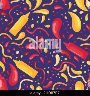 Seamless pattern with fast food and splashes of mustard and ketchup in plastic bottles for sauces in a flat style isolated on a purple background. Vec Stock Vector