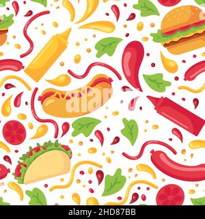 Seamless pattern with fast food and splashes of mustard and ketchup in plastic bottles for sauces in a flat style isolated on a white background. Vect Stock Vector