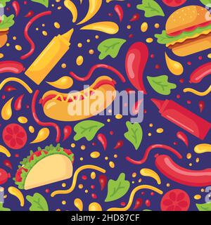 Seamless pattern with fast food and splashes of mustard and ketchup in plastic bottles for sauces in a flat style isolated on a purple background. Vec Stock Vector