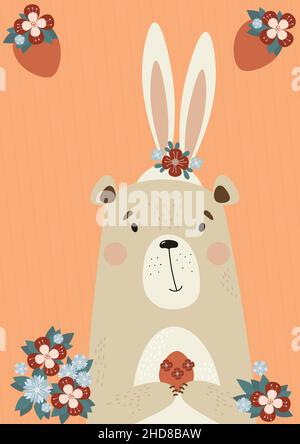 Cute bear with Easter bunny ears, with flowers and Easter eggs on an orange decorative background. Vector illustration. For design, print, decor, room Stock Vector