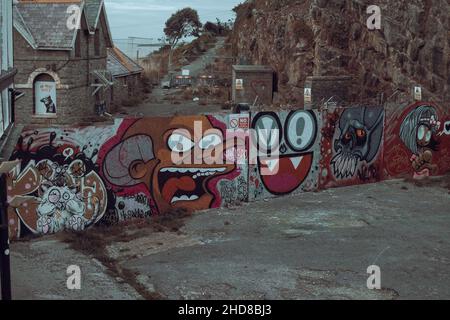 Wall of graffiti at Birnbeck Pier, Weston Super Mare Stock Photo