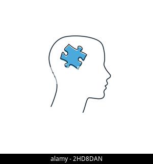Linear head contour with puzzle piece inside. Problem solving concept. Puzzle in the human head. Editable stroke. Stock vector illustration isolated Stock Vector