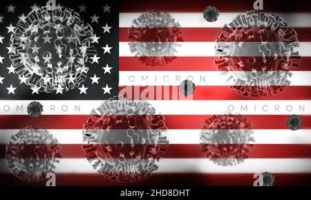 Coronavirus Omicron Variant in United States with Flag and Virus Icon. Covid-19 precautionary measures concept backdrop Stock Photo