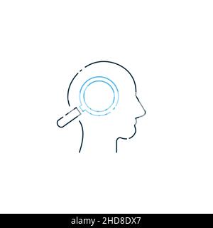 Linear Human Head and Magnifying Glass vector icon in meaning Thoughts, search Problem solving concept. Stock vector illustration isolated on white Stock Vector