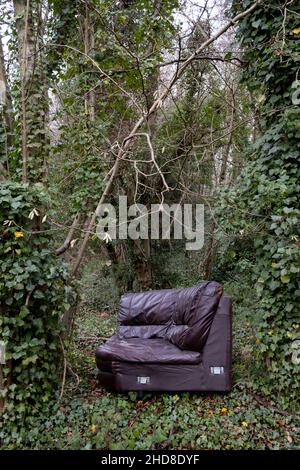 A sofa has been fly-tipped in woods, abandoned domestic waste in rural Kent, on 3rd January 2021, in Aylesford, Kent, England. Stock Photo