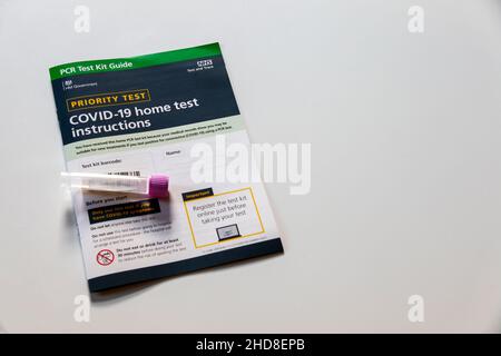 PCR TEST KIT - PRIORITY TEST TO TAKE AT HOME FOR CLINICALLY VULNERABLE PEOPLE TO ACCESS NEW ANTIVIRAL TREATMENTS FOR COVID-19 - UK NHS TEST AND TRACE. Stock Photo